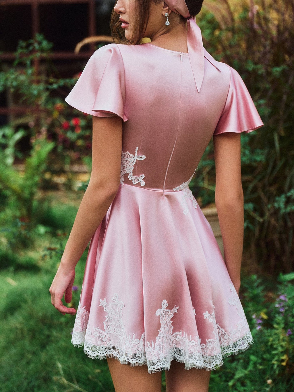 Pink Lace Trim Butterfly Sleeve Fit and Flare Mini Dress