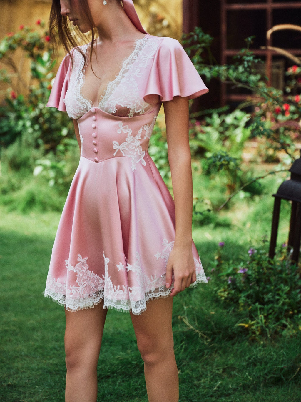 Pink Lace Trim Butterfly Sleeve Fit and Flare Mini Dress