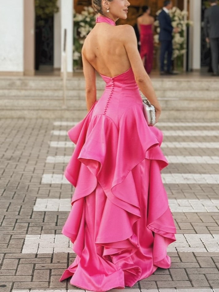 HotPink Satin Halter Ruffle Tiered Maxi Dress