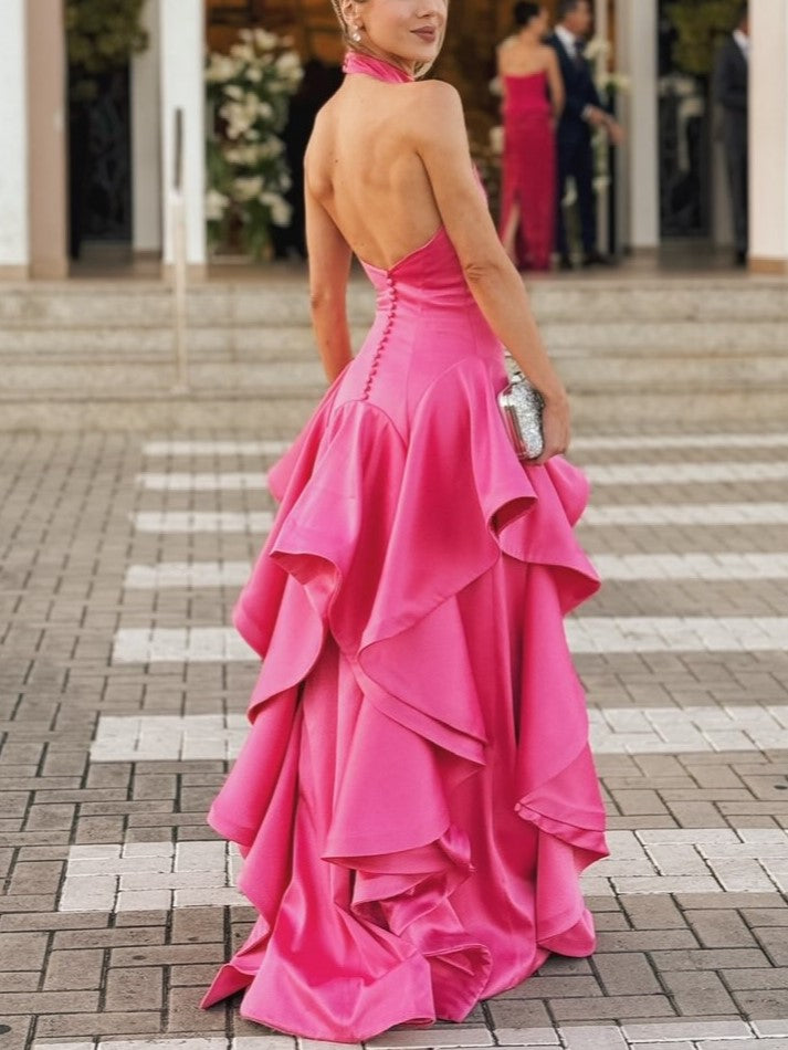 HotPink Satin Halter Ruffle Tiered Maxi Dress