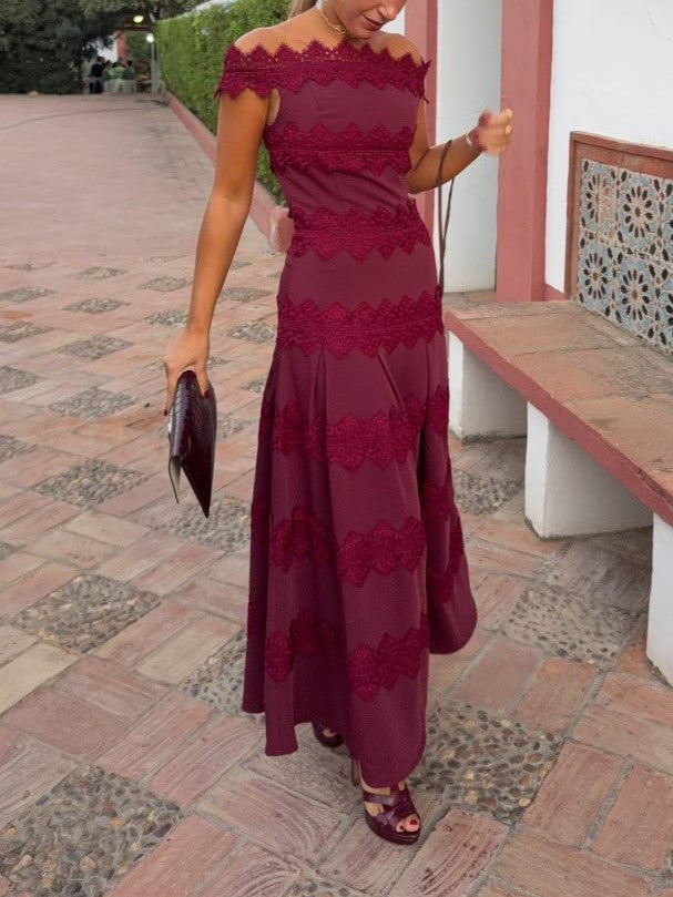 Burgundy Lace Trim Off Shoulder Mermaid Maxi Dress