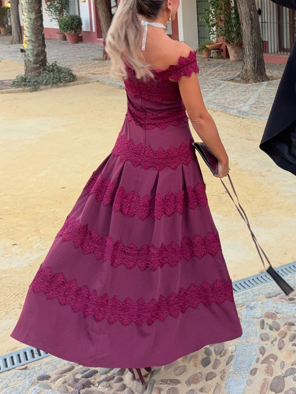 Burgundy Lace Trim Off Shoulder Mermaid Maxi Dress