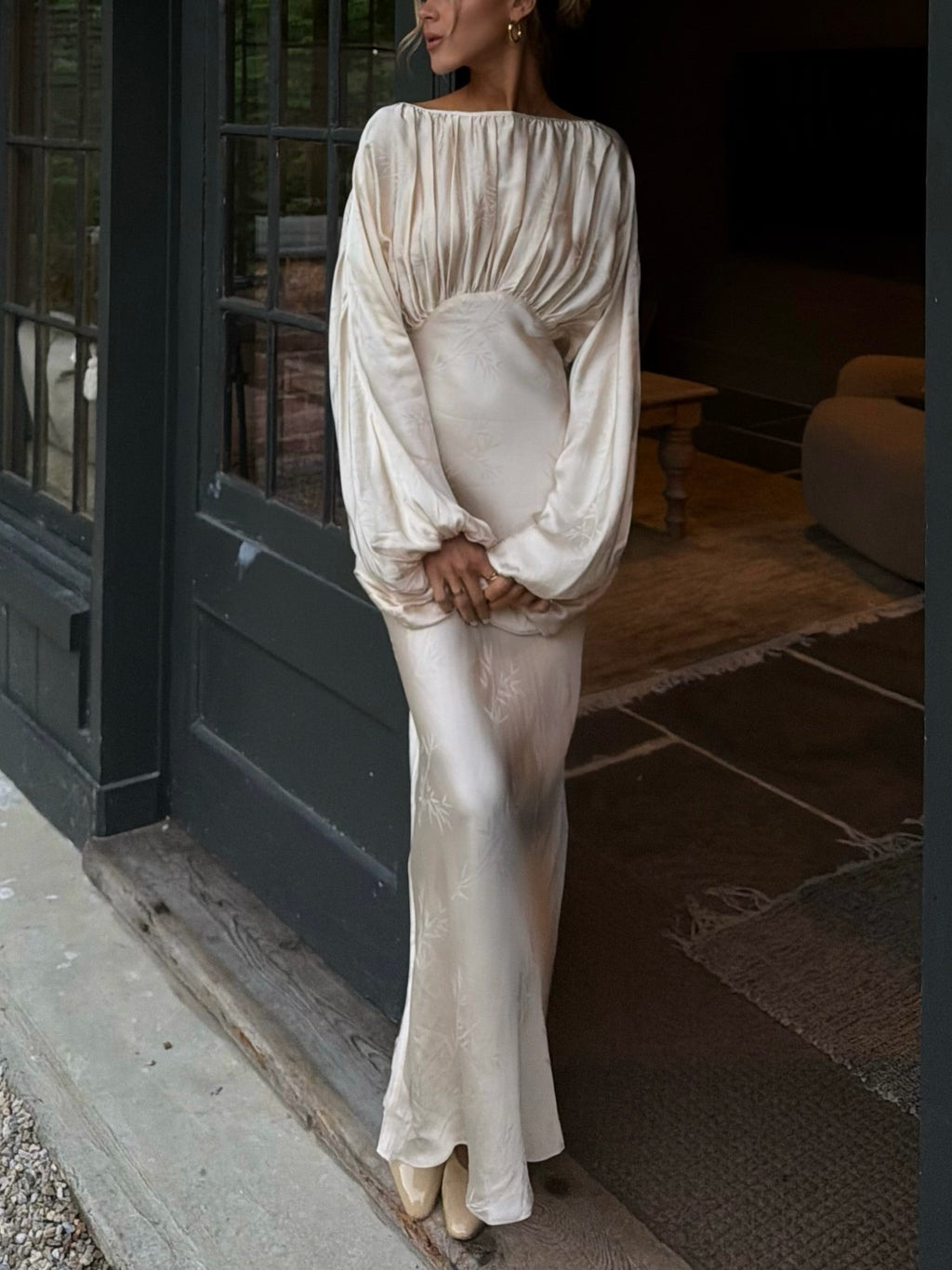 Champagne Satin Embroidered Long Sleeve Bias Maxi Dress