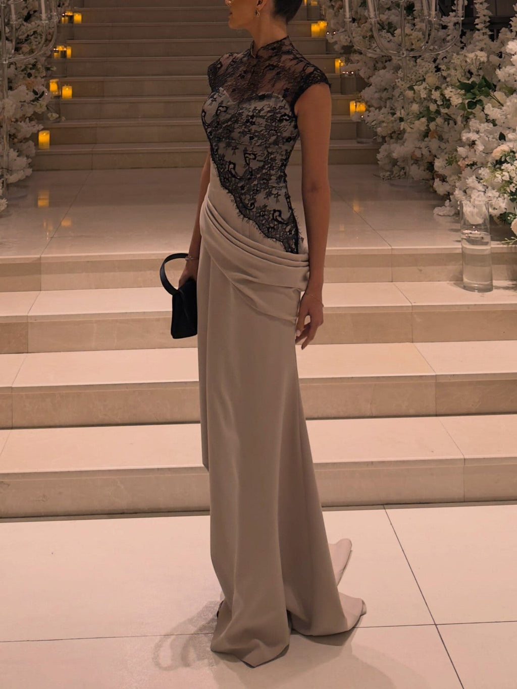 Taupe Satin Lace Bodice Draped Maxi Dress