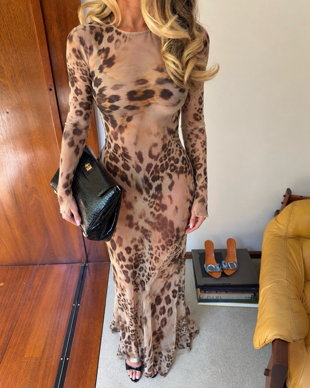 Brown Leopard Print Sheer Long Sleeve Maxi Dress