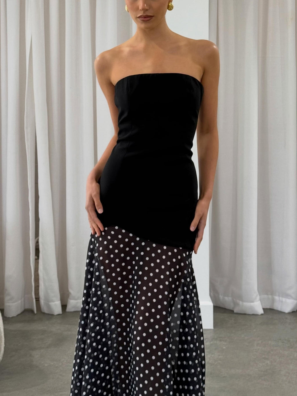 Black Polka Dot Strapless Sheer Maxi Dress
