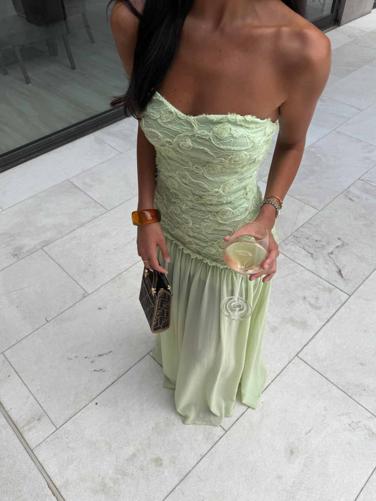 LightGreen Strapless Ruched Bodice Maxi Dress