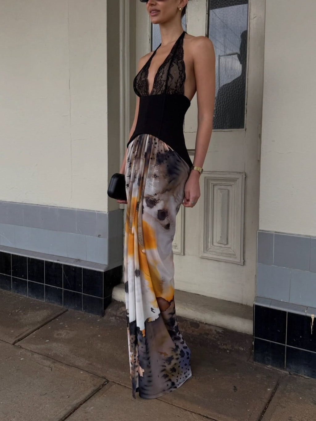 Black Lace Halter Watercolor Print Maxi Dress