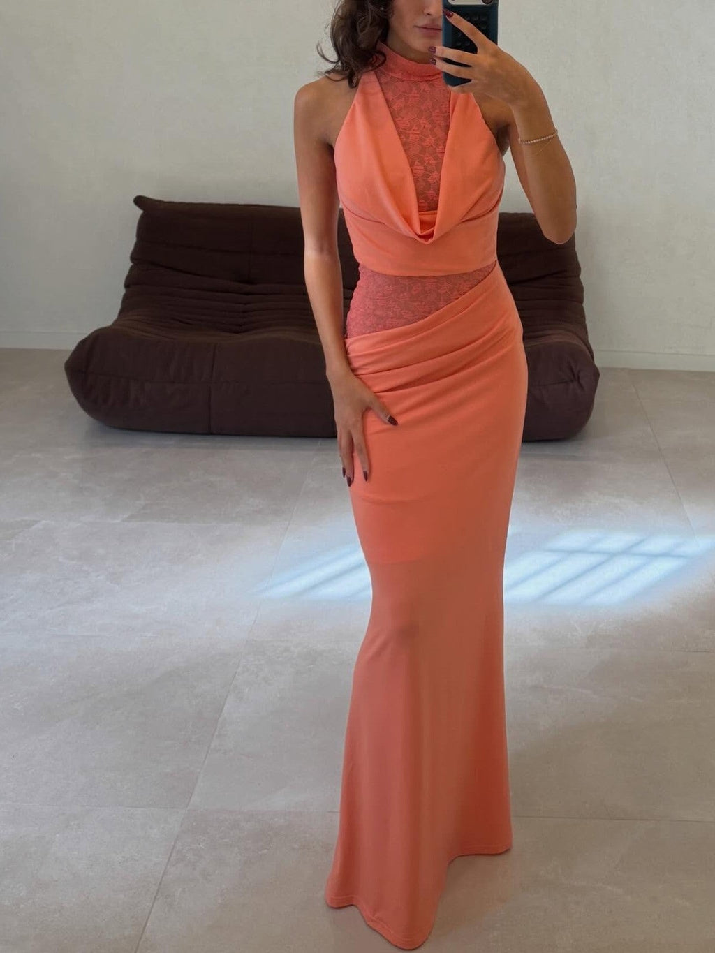 Coral Lace Halter Draped Cowl Neck Maxi Dress