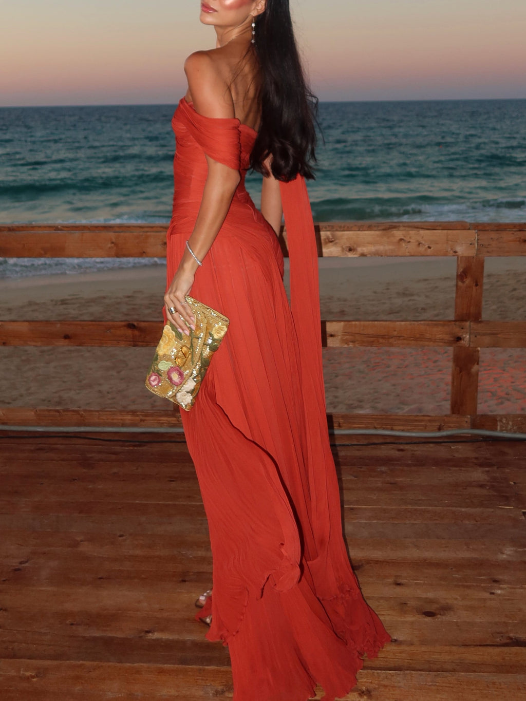 Red Chiffon One Shoulder Draped Maxi Dress