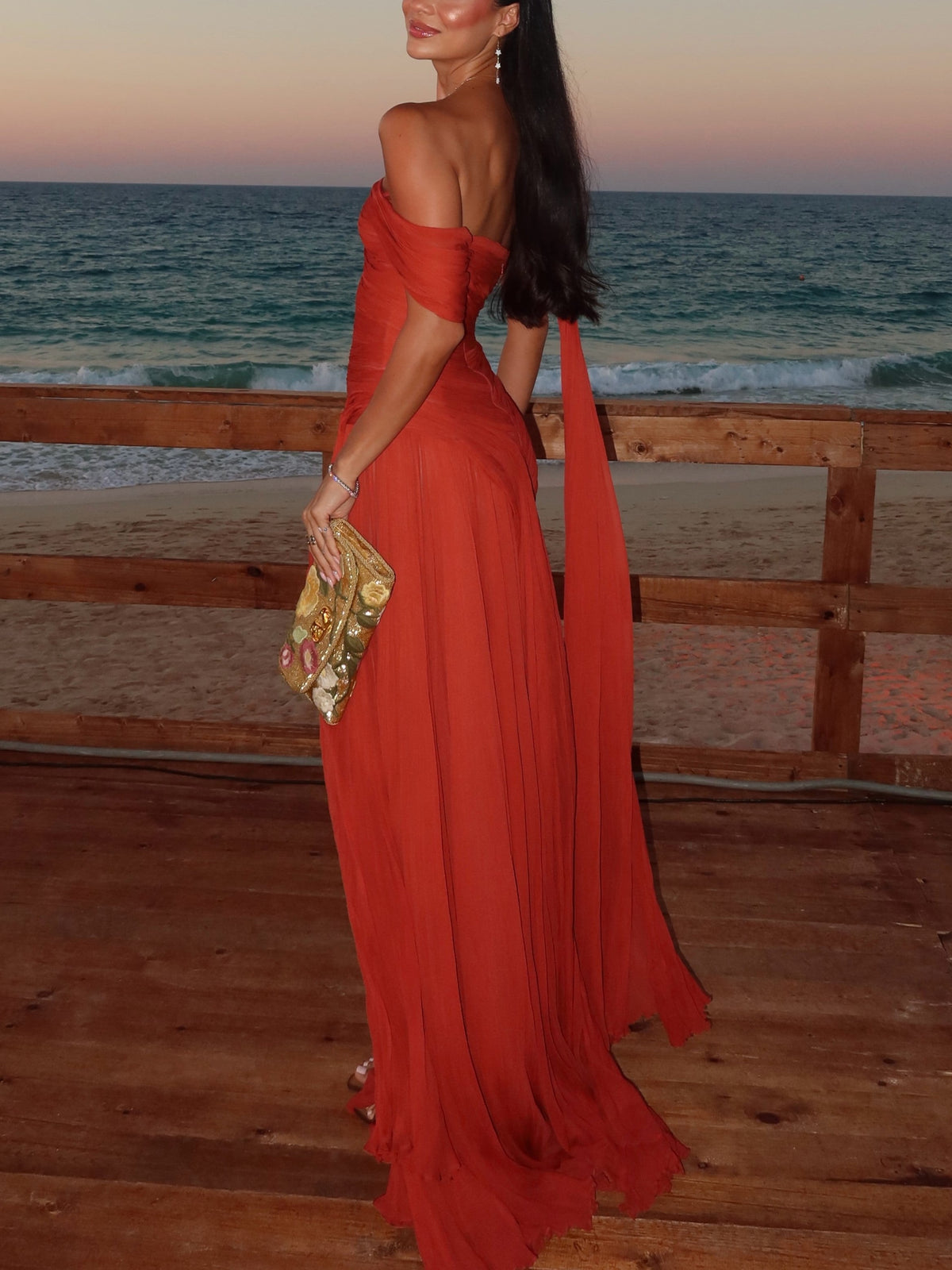 Red Chiffon One Shoulder Draped Maxi Dress