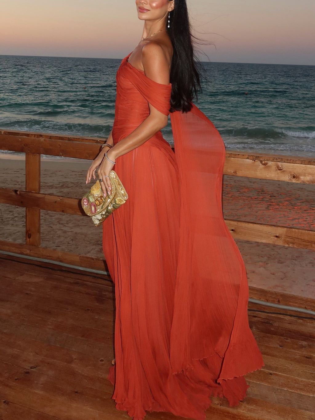 Red Chiffon One Shoulder Draped Maxi Dress