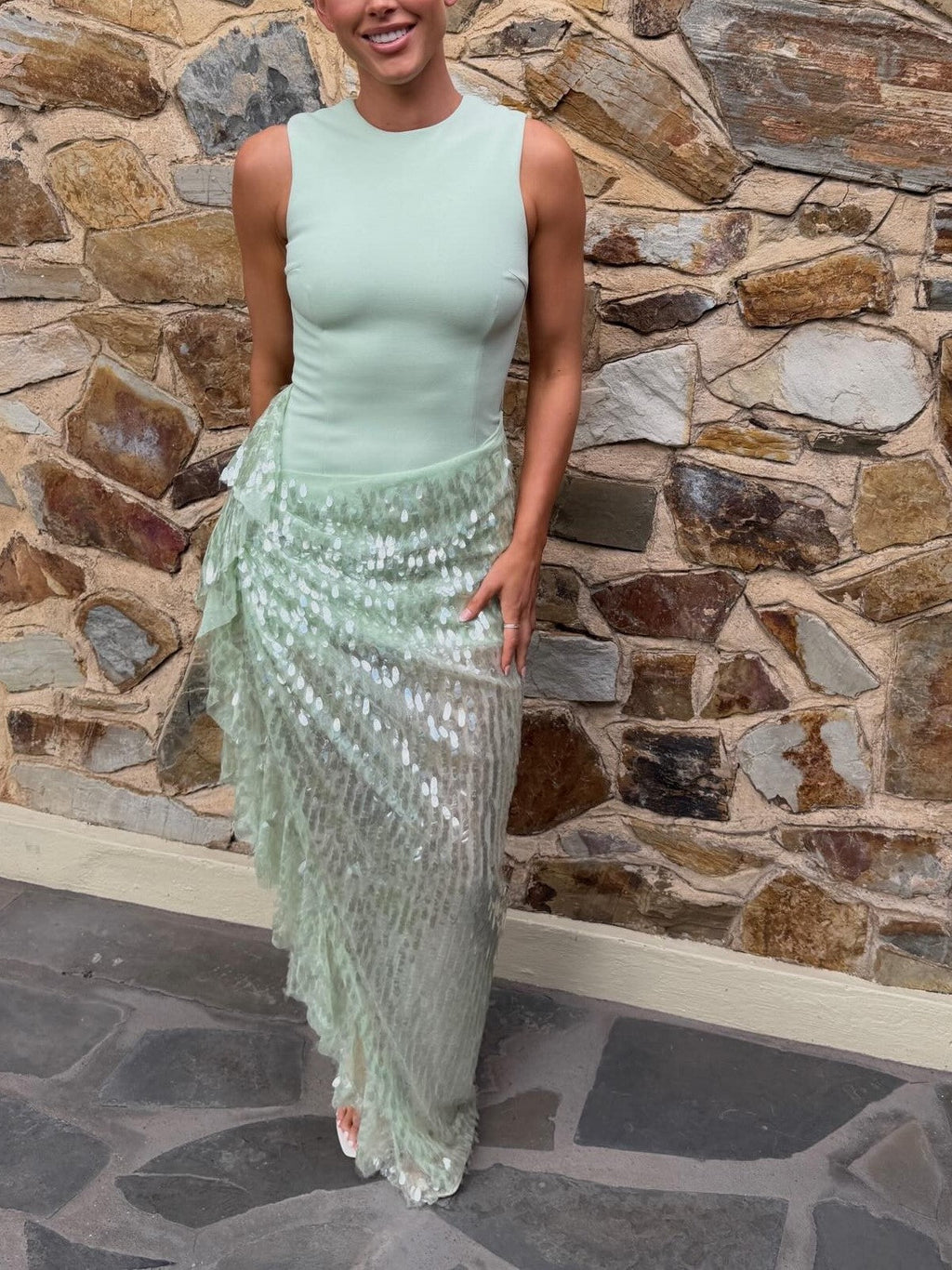 MintGreen Sequin Draped Maxi Skirt Set