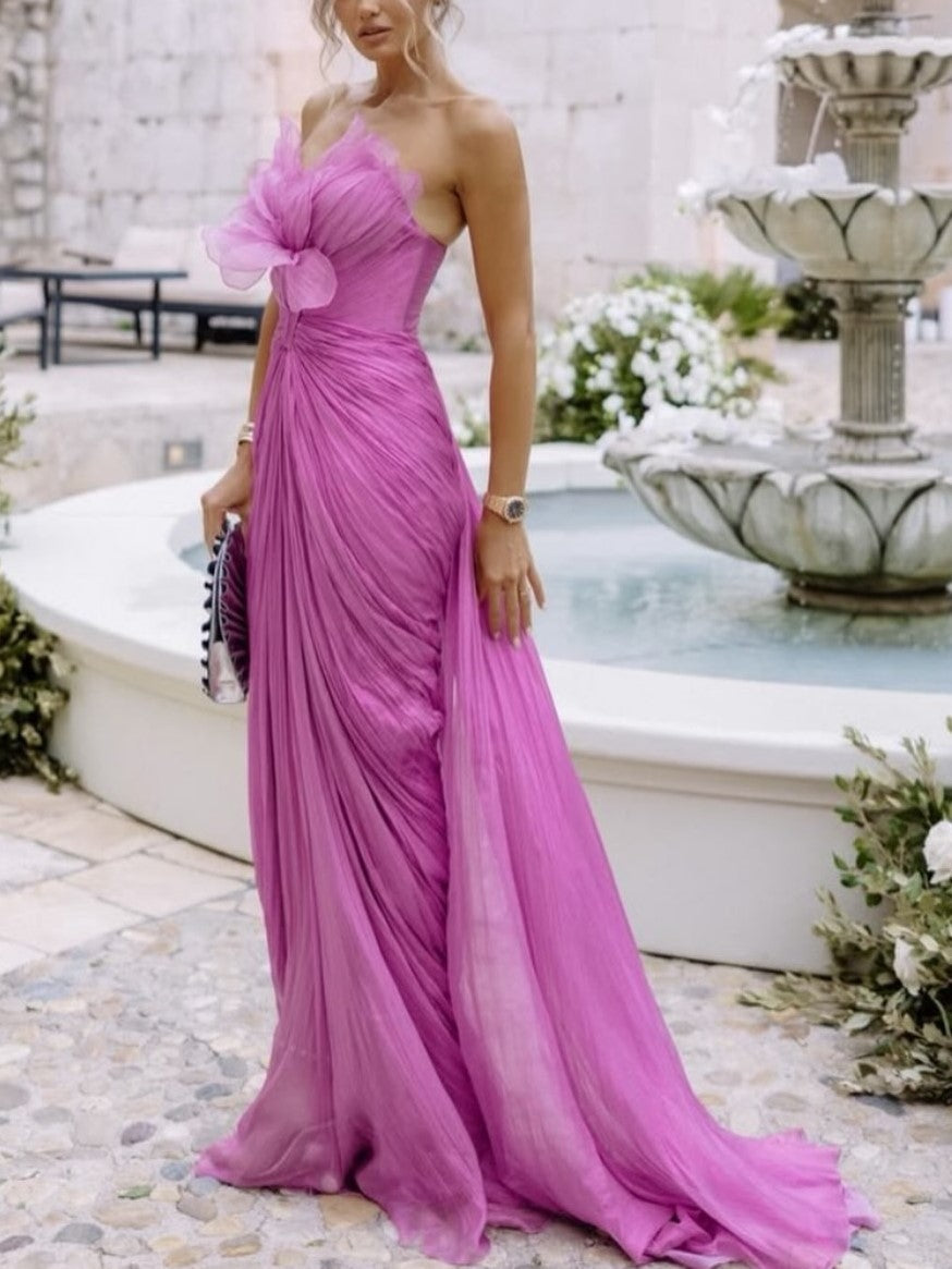 Pink Chiffon Strapless Ruffle Flower Maxi Dress
