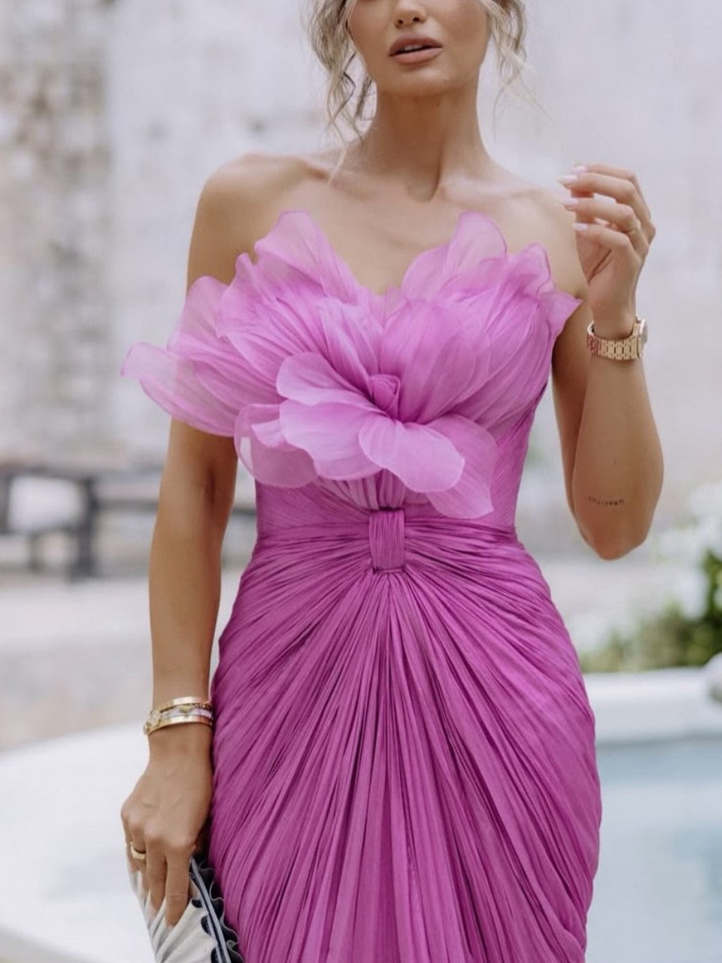 Pink Chiffon Strapless Ruffle Flower Maxi Dress