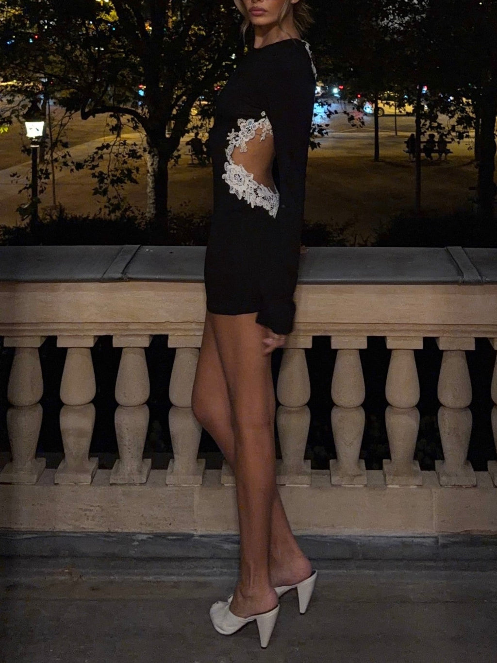 Black Lace Open Back Long Sleeve Mini Dress