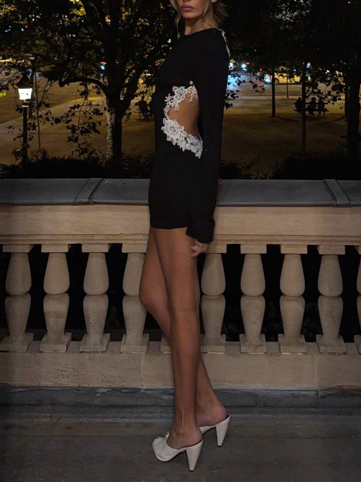 Black Lace Open Back Long Sleeve Mini Dress