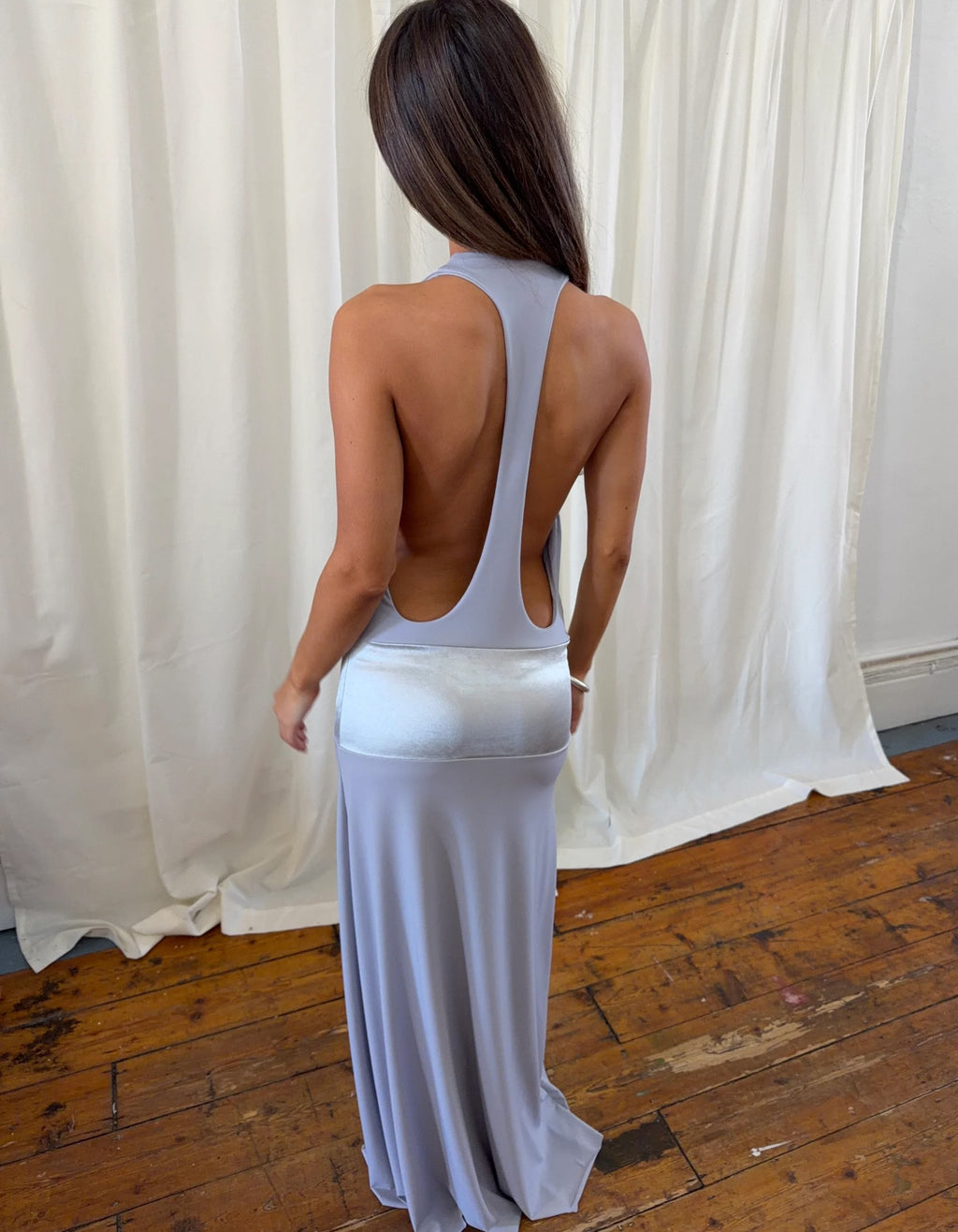 LightBlue Halter Maxi Dress with Sheer Waist Panel