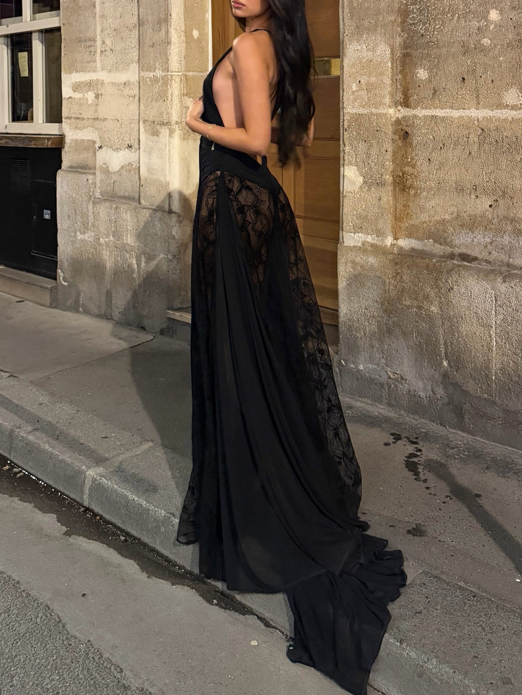 Black Sheer Lace Halter Open Back Maxi Dress