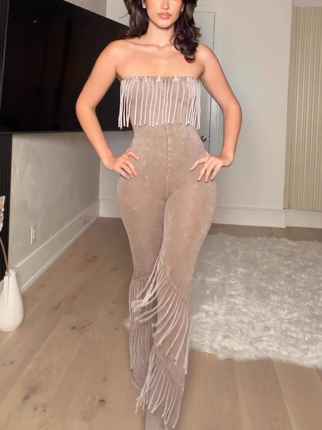 Taupe Sheer Fringe Strapless Jumpsuit