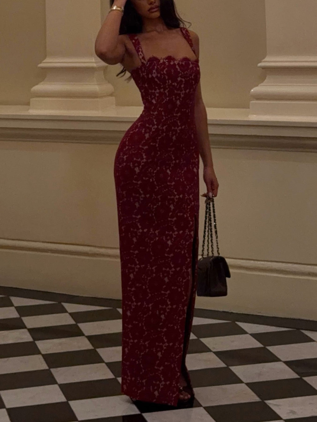 Red Lace Square Neck Maxi Dress