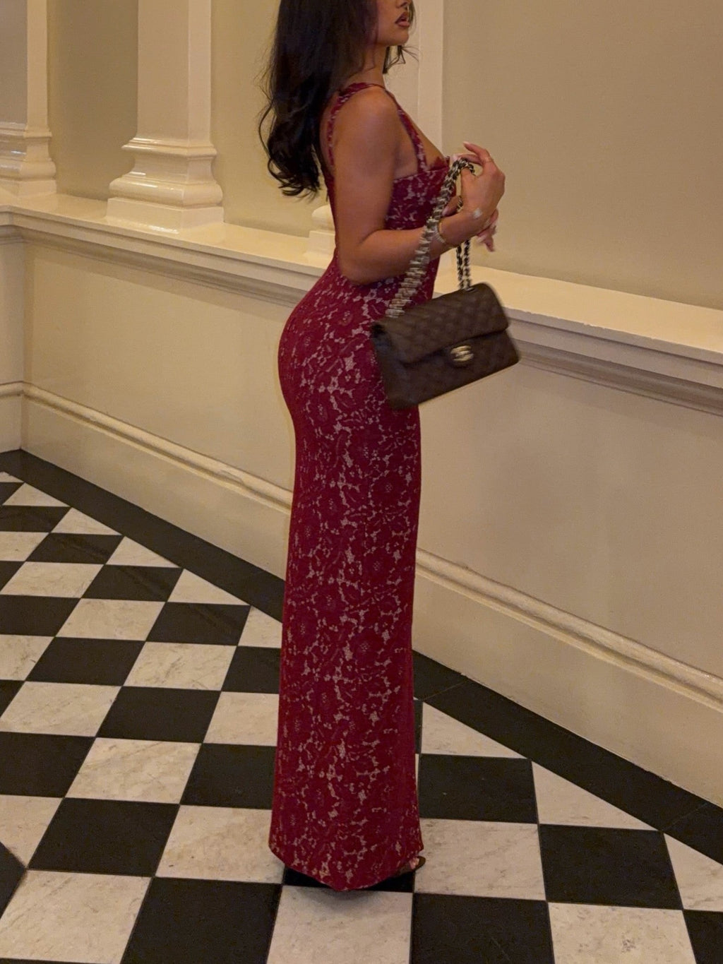 Red Lace Square Neck Maxi Dress