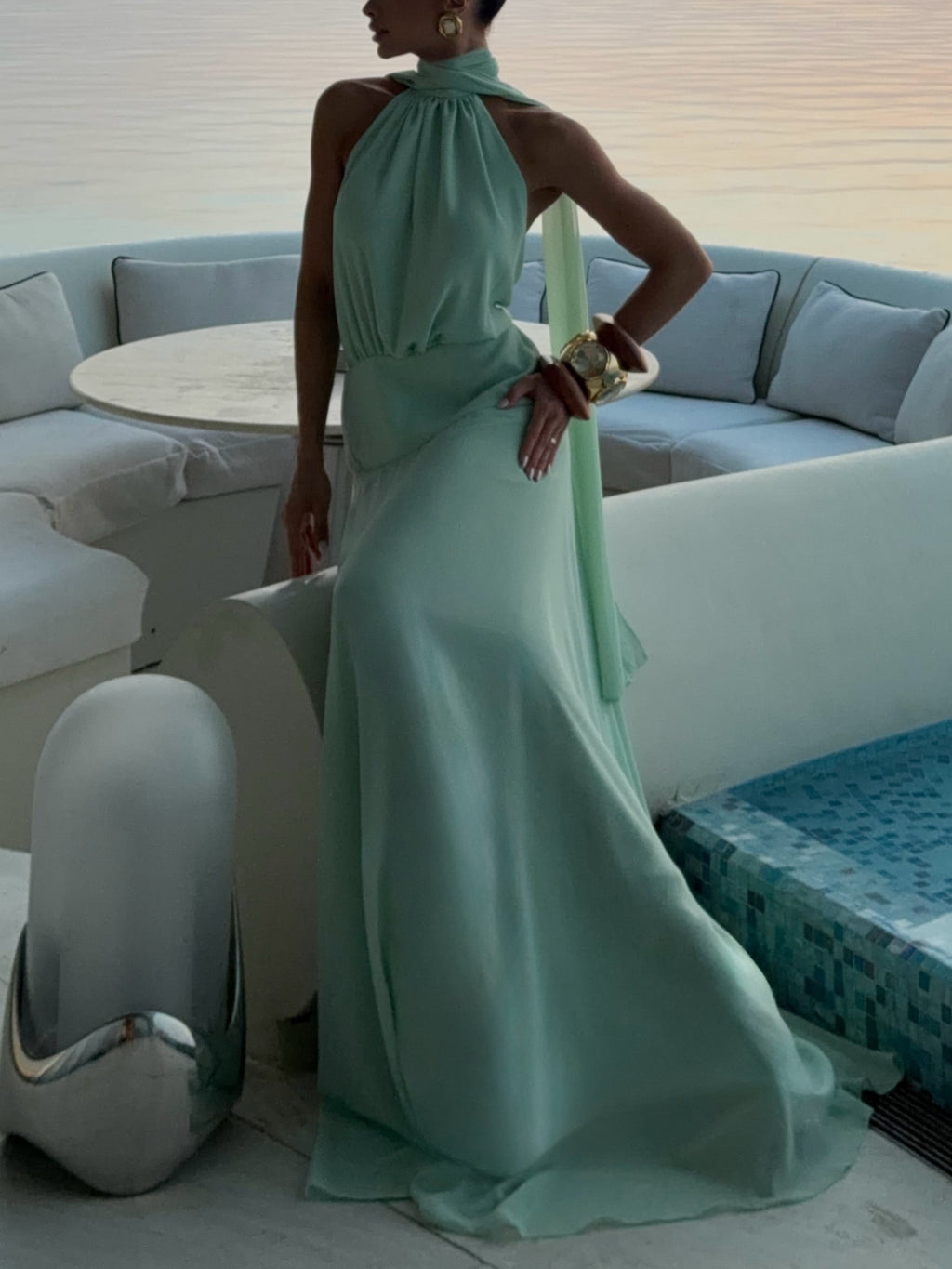 LightGreen Chiffon Halter Maxi Dress