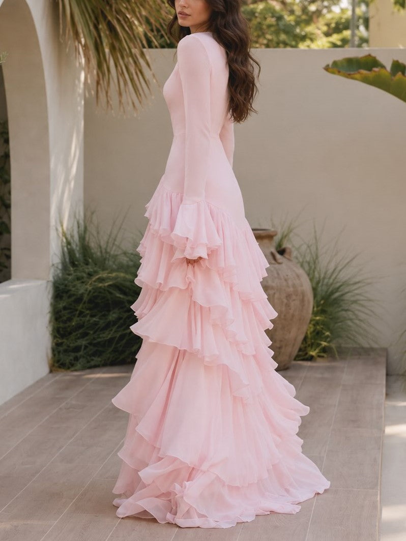 Pink Chiffon Long Sleeve Tiered Maxi Dress