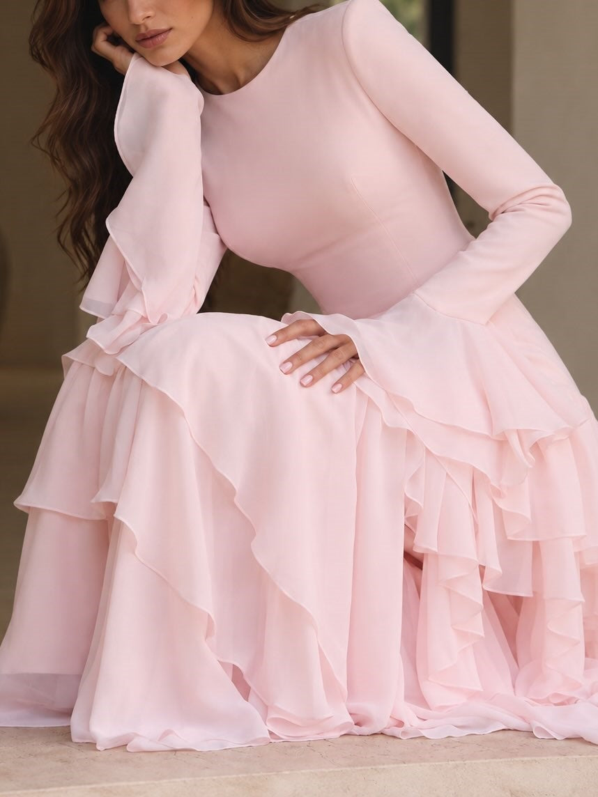 Pink Chiffon Long Sleeve Tiered Maxi Dress