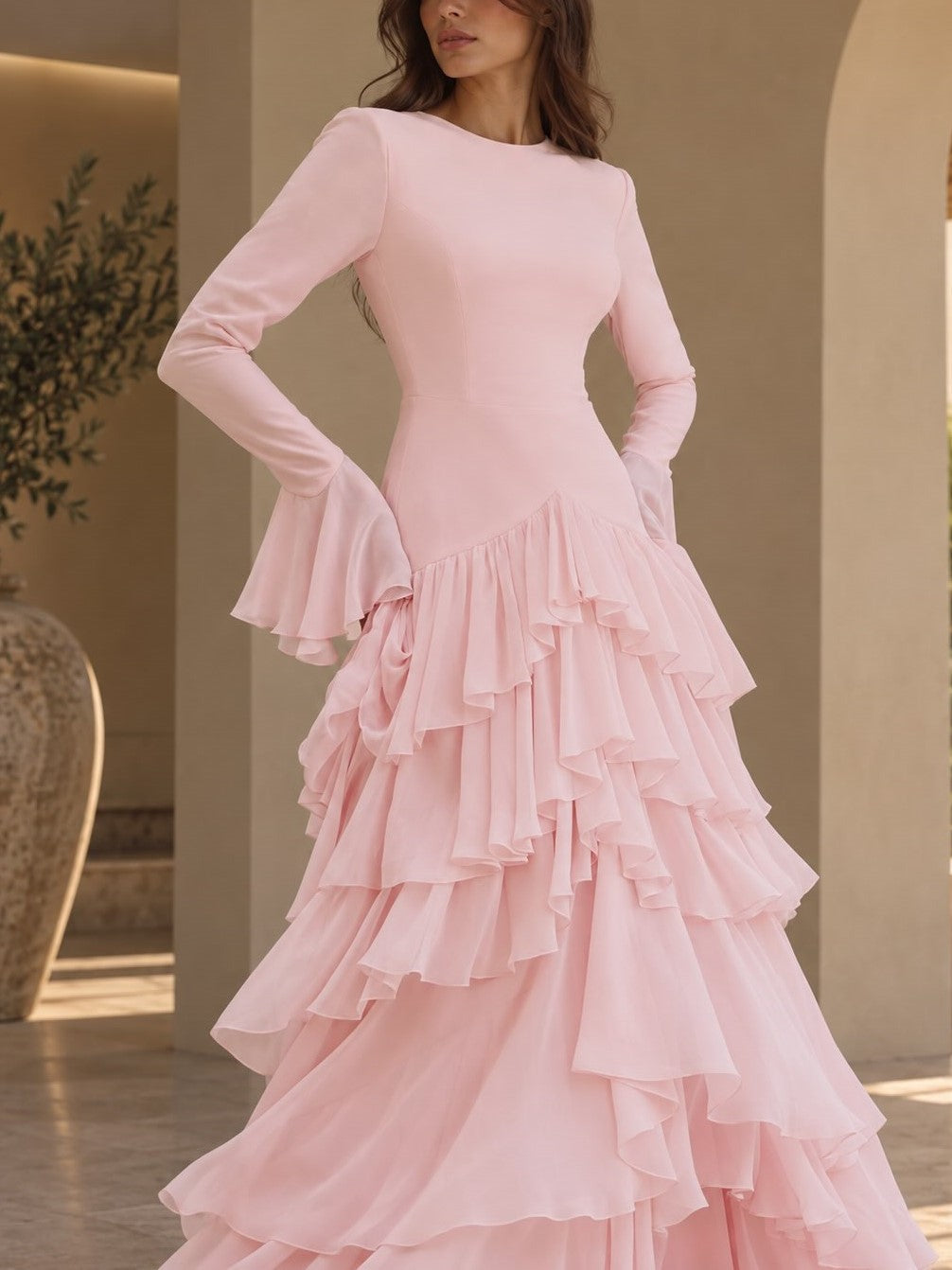 Pink Chiffon Long Sleeve Tiered Maxi Dress