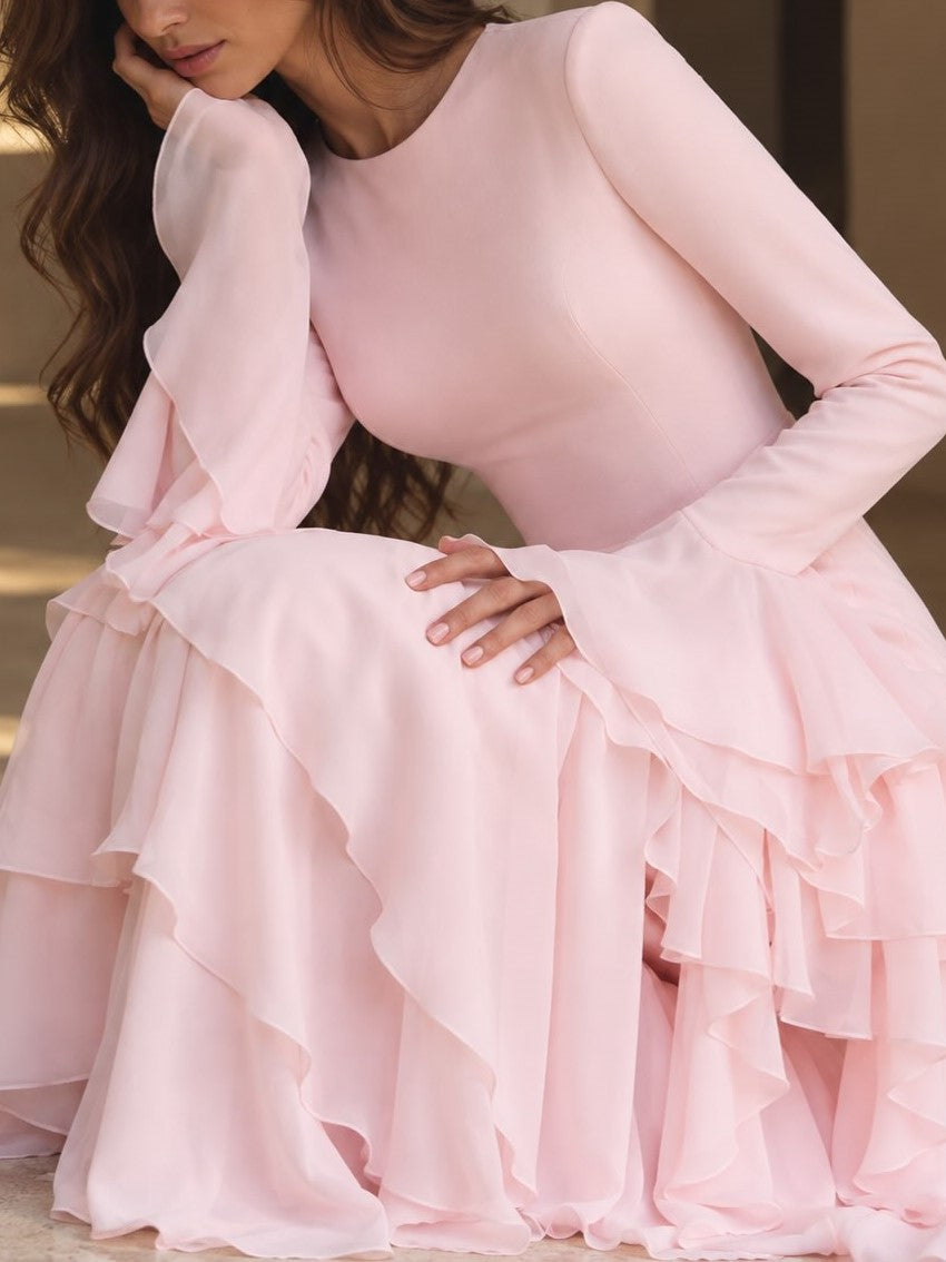 Pink Chiffon Long Sleeve Tiered Maxi Dress