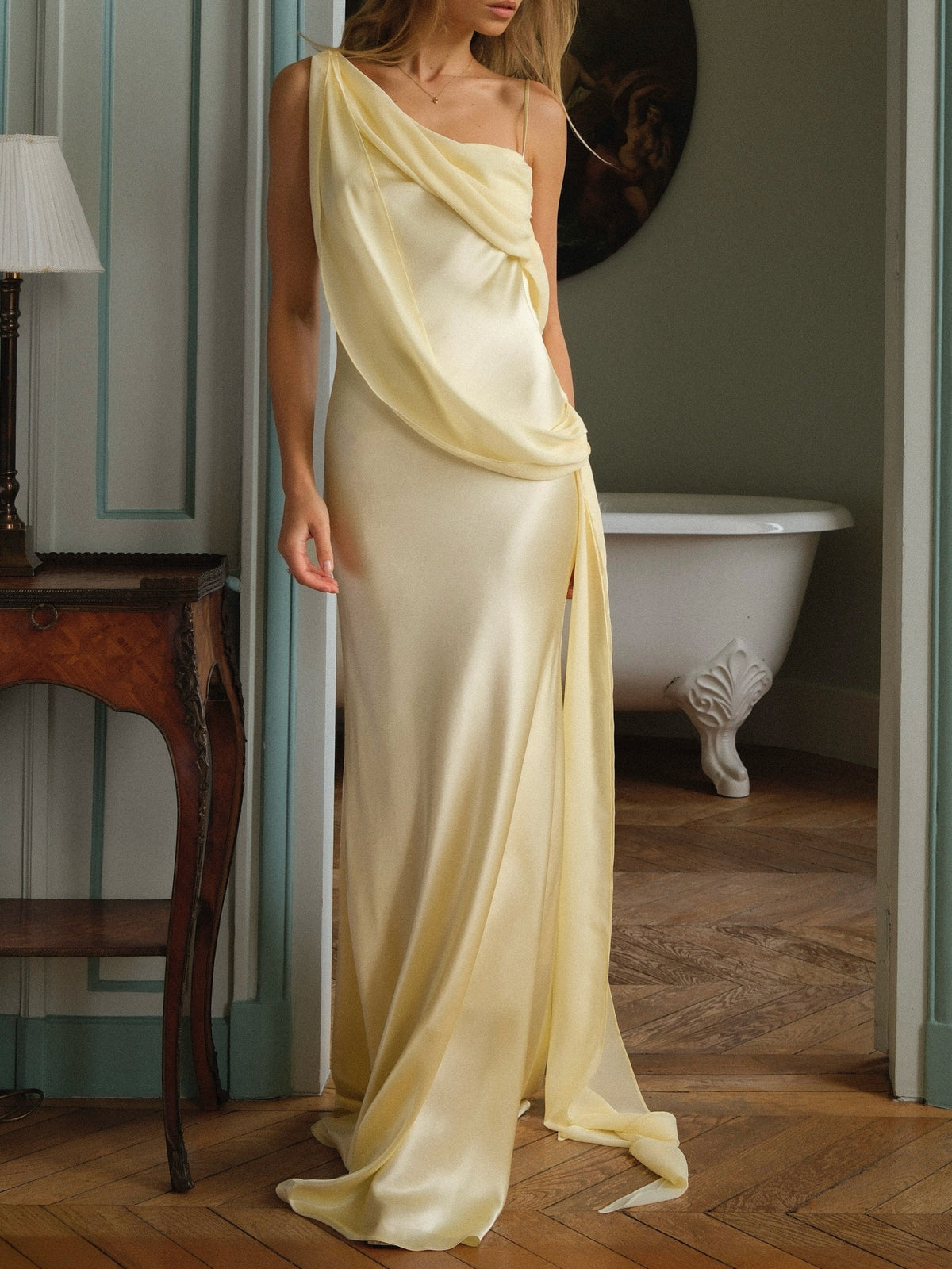Champagne Satin One-Shoulder Draped Maxi Dress