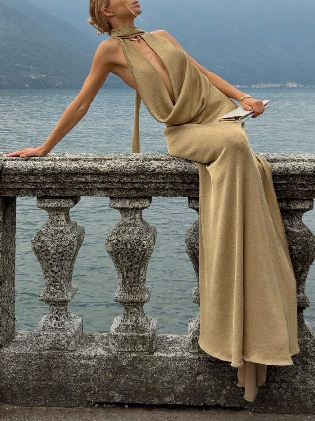 Camel Halter Plunge Neck Maxi Dress