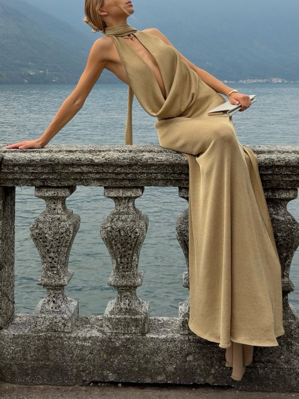 Camel Halter Plunge Neck Maxi Dress