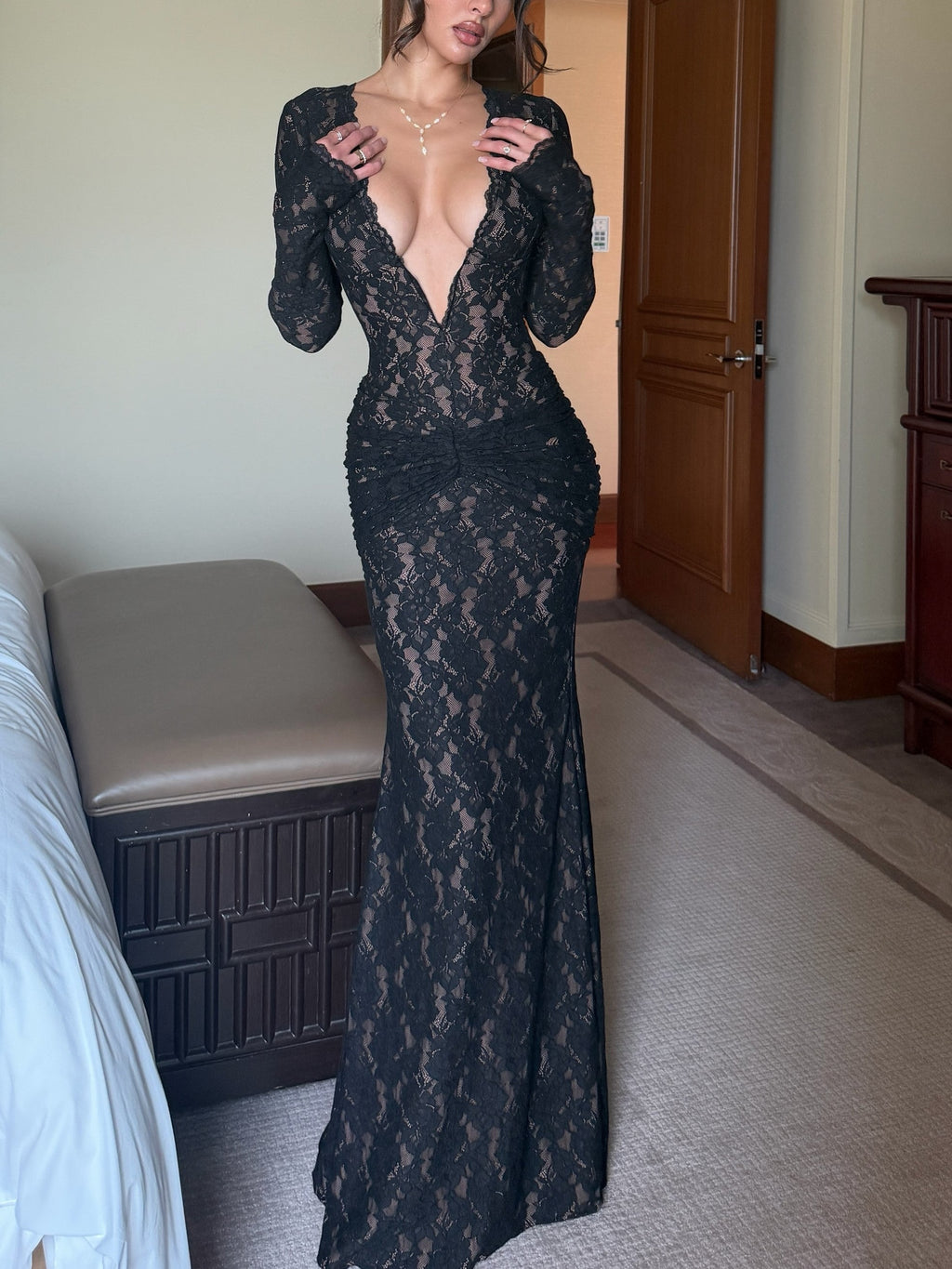Black Sheer Lace Long Sleeve Plunge Maxi Dress