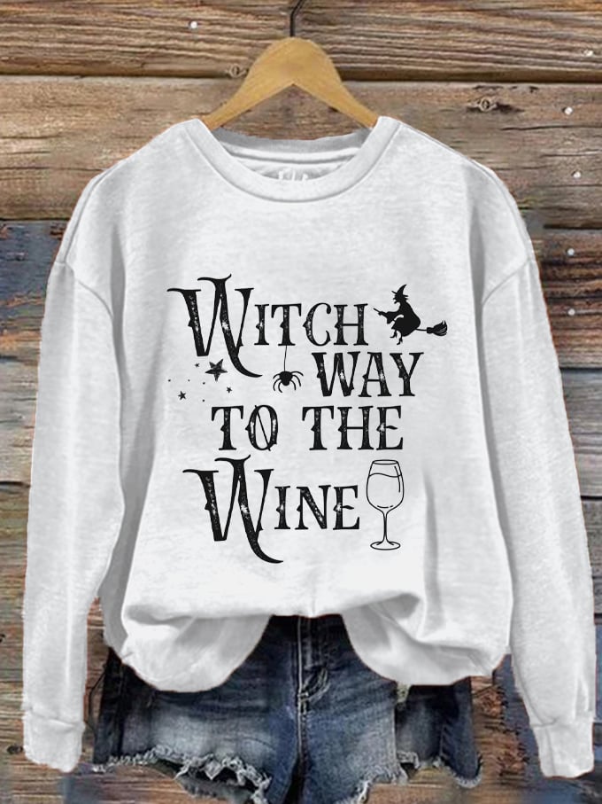 Women's Halloween Witch Way To The Wine Print Sweatshirt