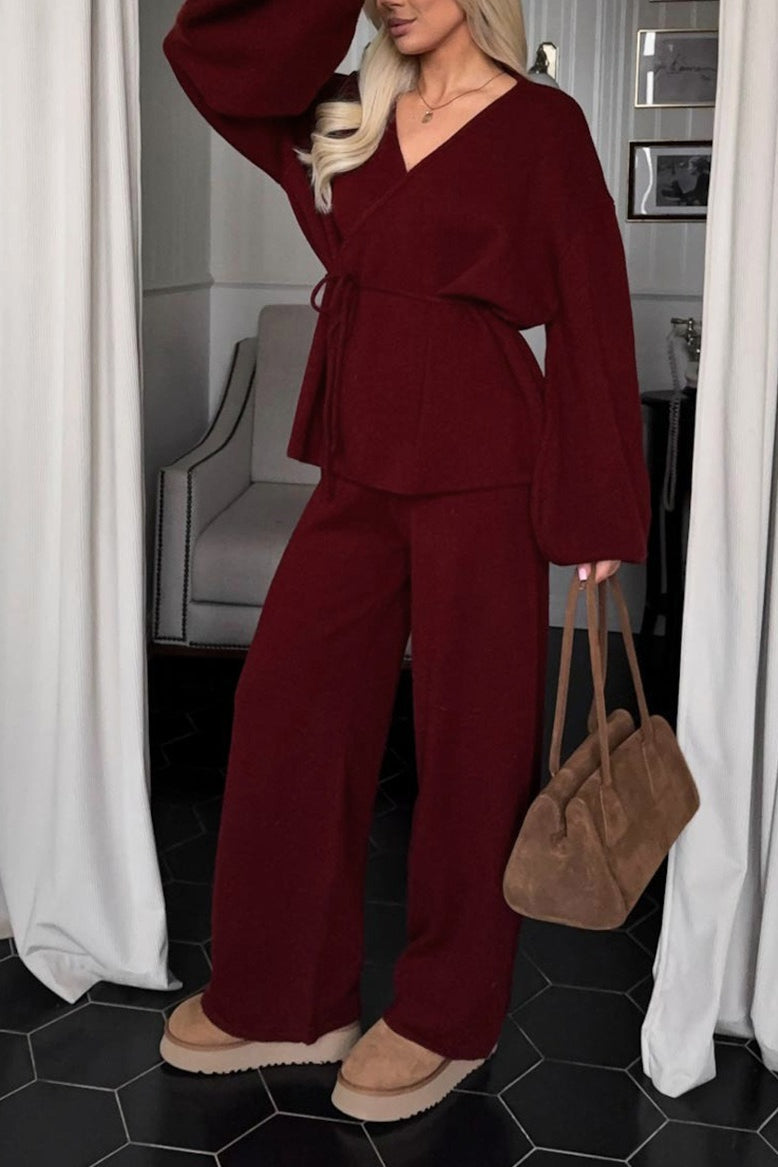 V Neck Tie Waist Knit Top Wide Leg Pants Set