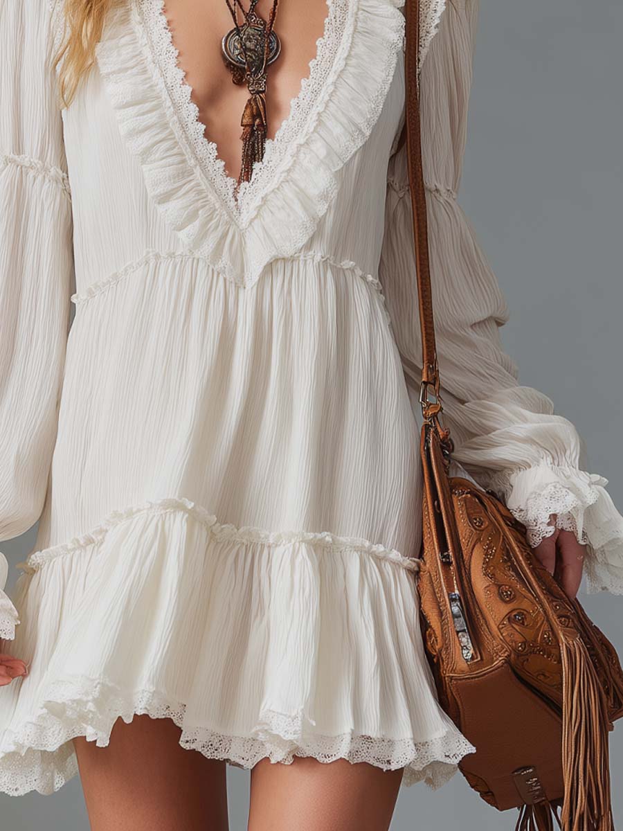 Vintage Lace-trimmed Ruffle Neck Pleated Mini Dress