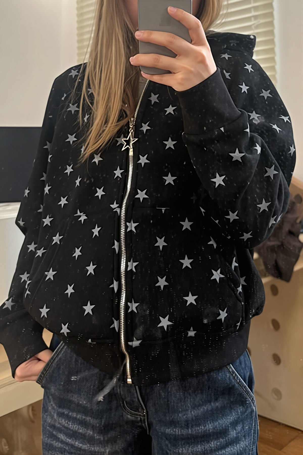 Casual Full Star Print Zip Hoodie