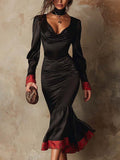 Draped Cowl V-Neck Long-Sleeve Midi Dress