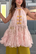 Pink Lace Halter Bubble Mini Dress with Bow Closures