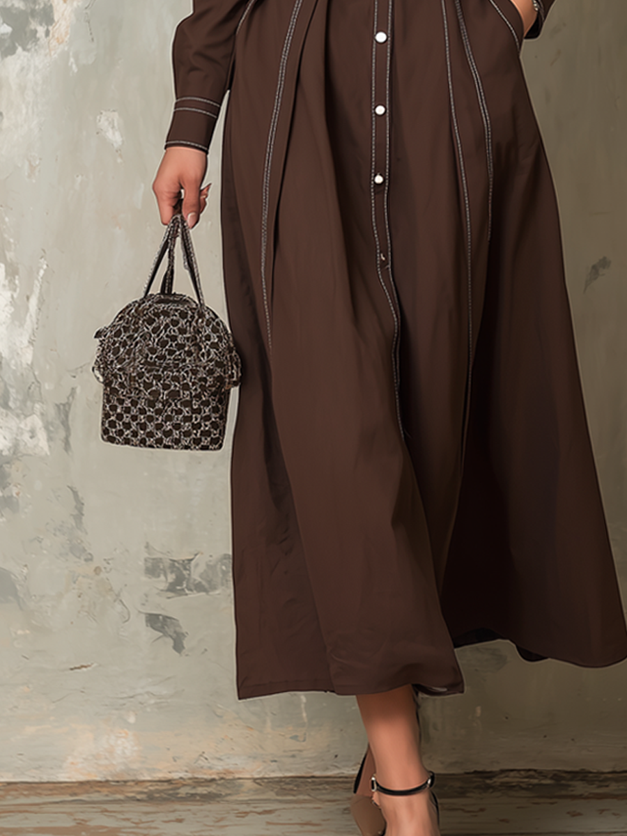 Retro Contrast Stitching Pocket Midi Dress