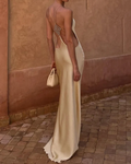 Champagne Gold Satin Backless Halter Dress