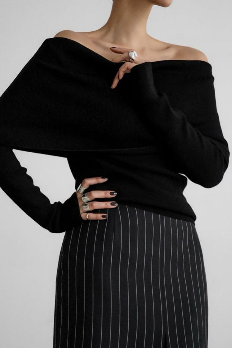 Off Shoulder Fitted Long Sleeve Knit Sweater