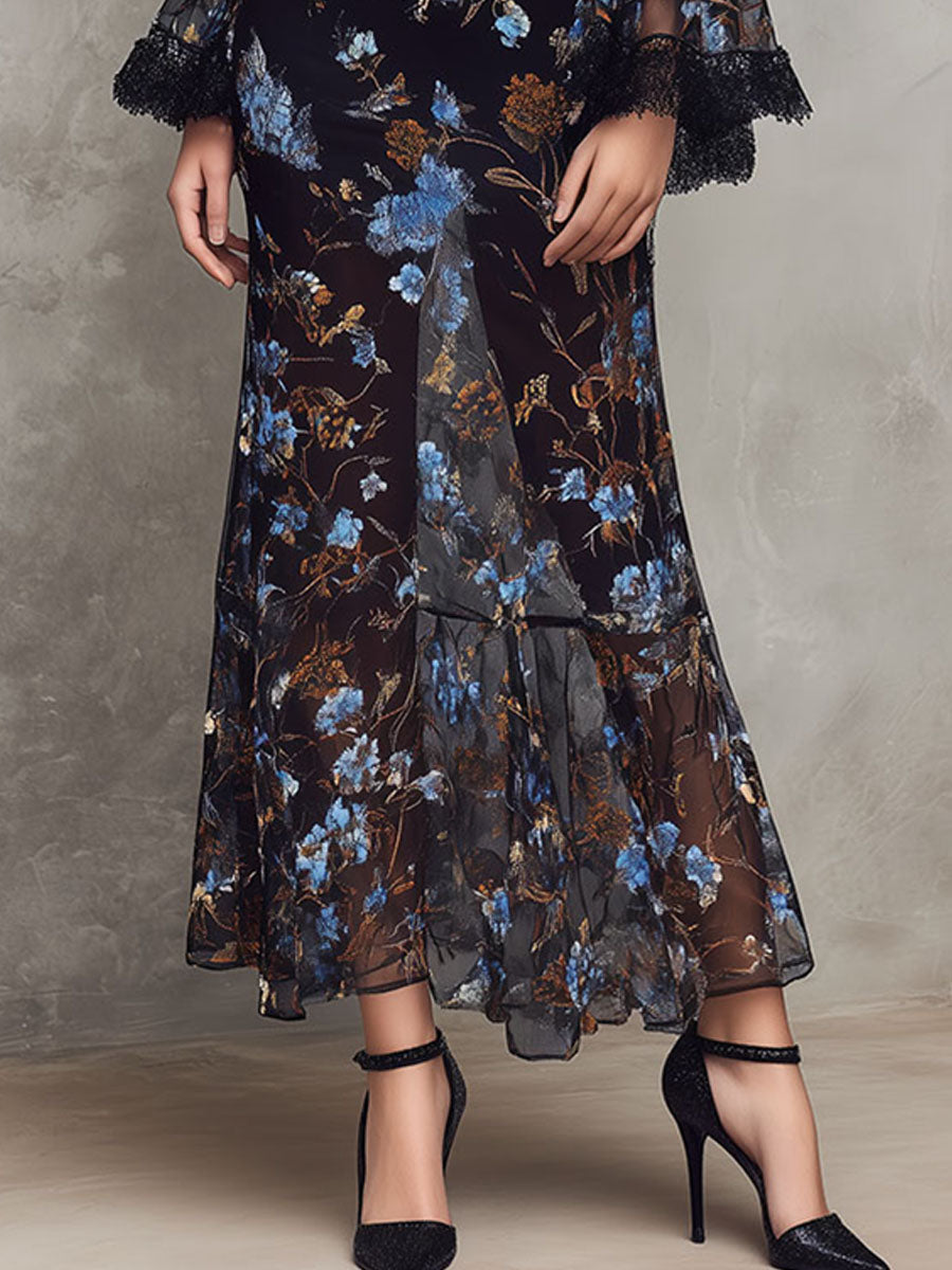 Black Floral Sheer Maxi Dress ¨C Lace-Trimmed Bell Sleeves & High Neck