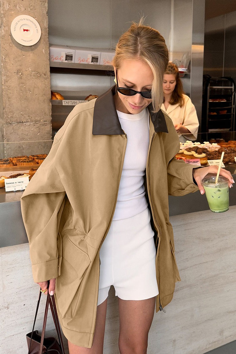 Contrast Collar Drawstring Waist Trench Coat