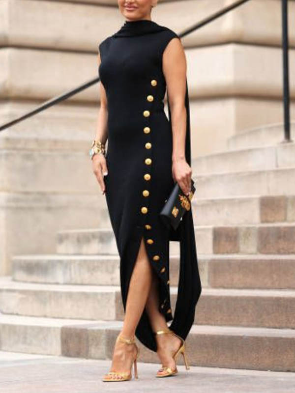 Loose Sleeveless Solid Color Split-Side Shawl Collar Maxi Dress