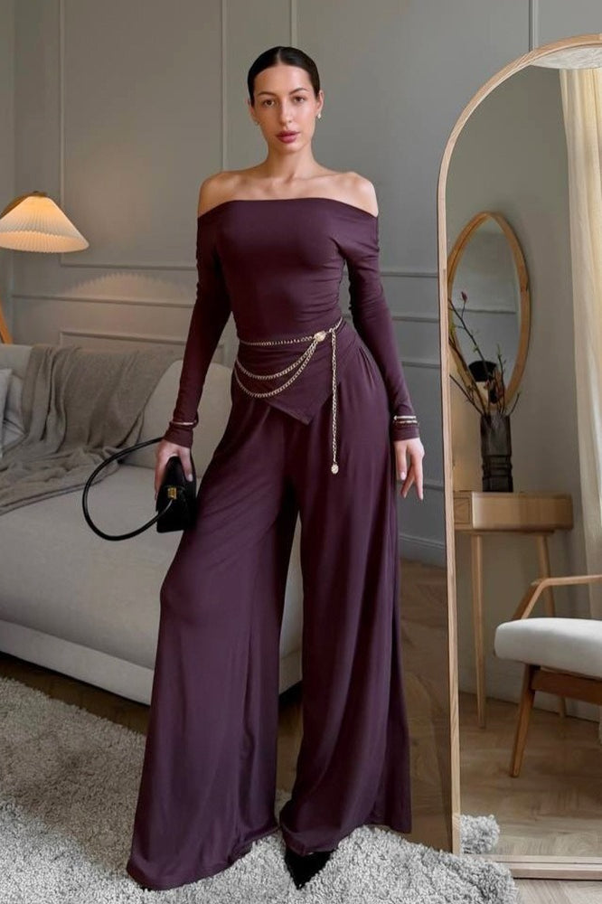 Off Shoulder Knit Top Wide Leg Pants Set