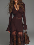 Bohemian Style Pleated Mesh Panel Midi Dress With Belt