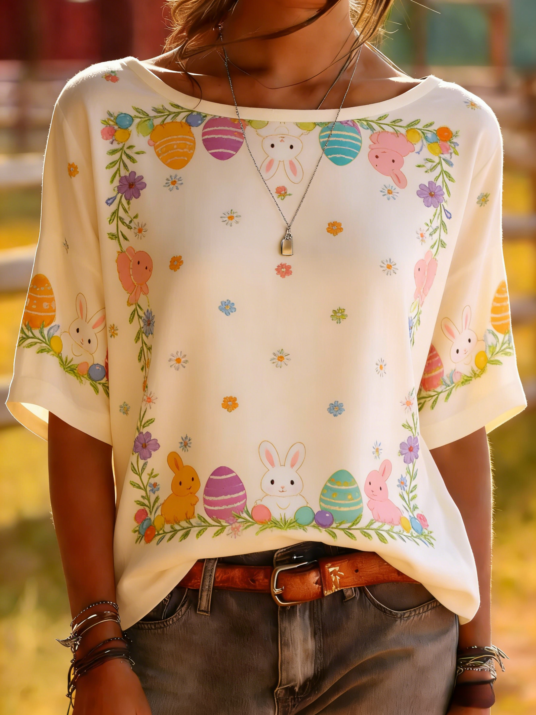 White Easter Bunny Floral Border Print Top - Spring Holiday Tee